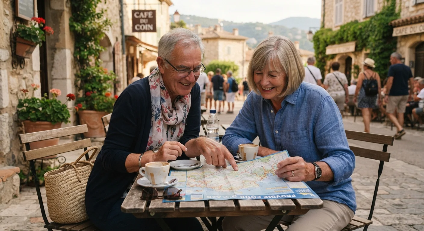 Two senior travelers reviewing a map at an outdoor cafe in a quiet small town