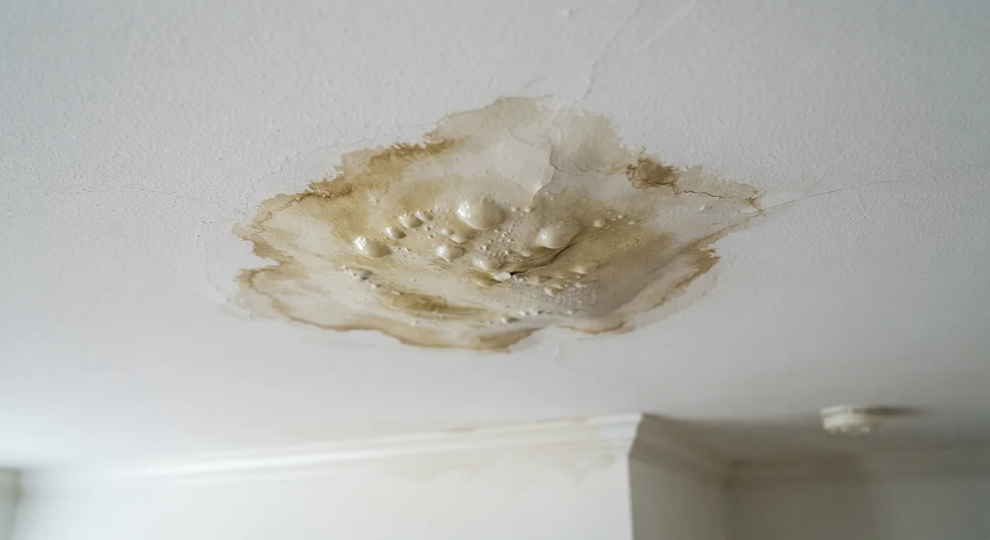 Ceiling water stain spreading outward from a small roof leak inside a home