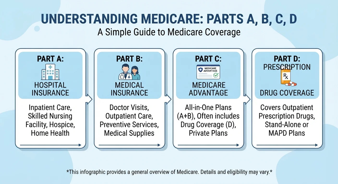 Diagram illustrating the four parts of Medicare with icons for hospital, outpatient care, private plans, and prescription drugs
