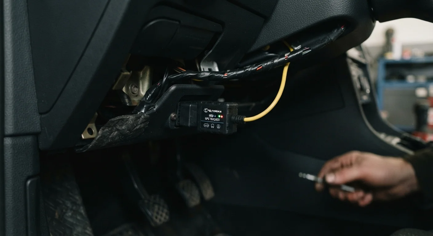 A telematics OBD-II plug device inserted into a car's dashboard diagnostic port.