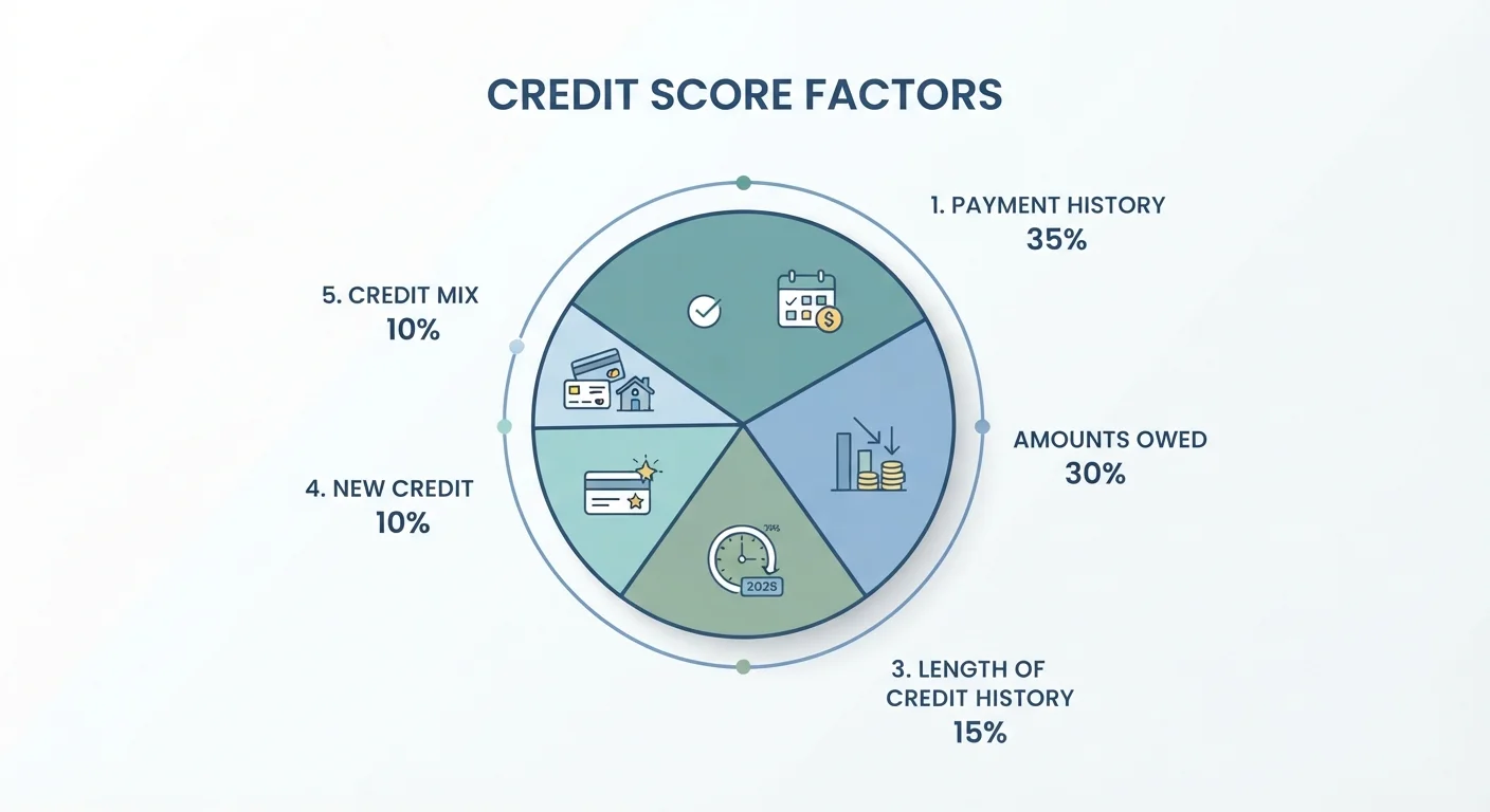 Flat-lay illustration showing five factors that make up a credit score in a pie chart format