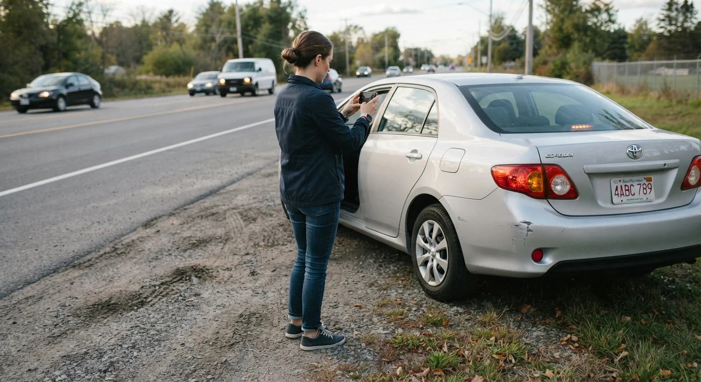 A person photographs vehicle damage with a smartphone while standing safely on a road shoulder