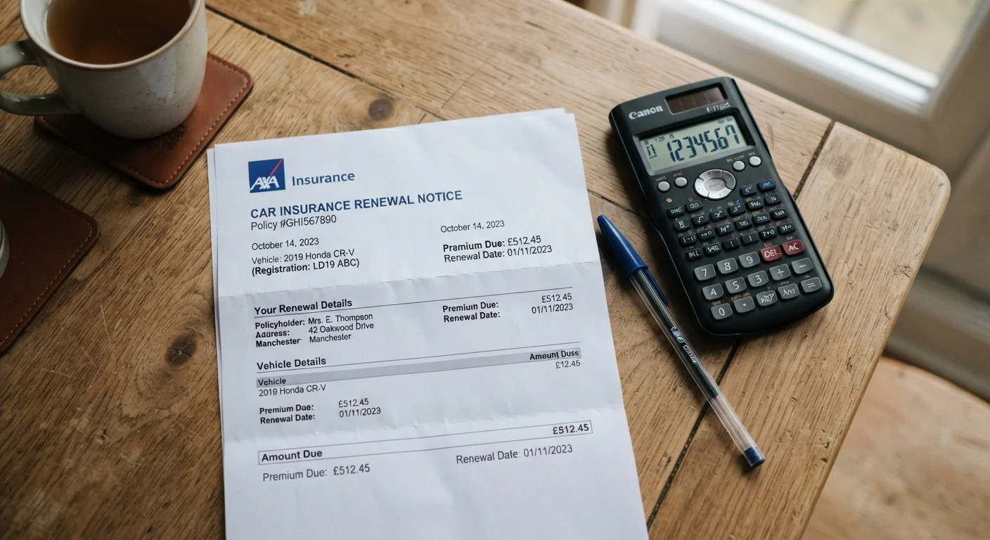 Auto insurance renewal notice on a kitchen table next to a calculator and pen
